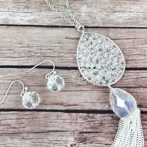Silvertone Fringed Clear Beaded Teardrop
